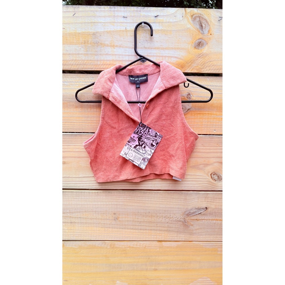 New Girl Order Coral Pink Terry Cloth Sleeveless Button Crop Top Size 6 NEW
